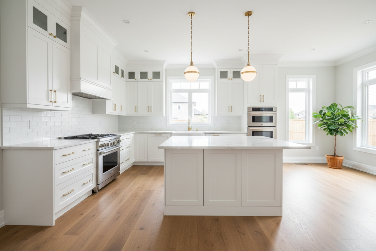 Custom kitchen renovation with white cabinetry and quartz countertops
