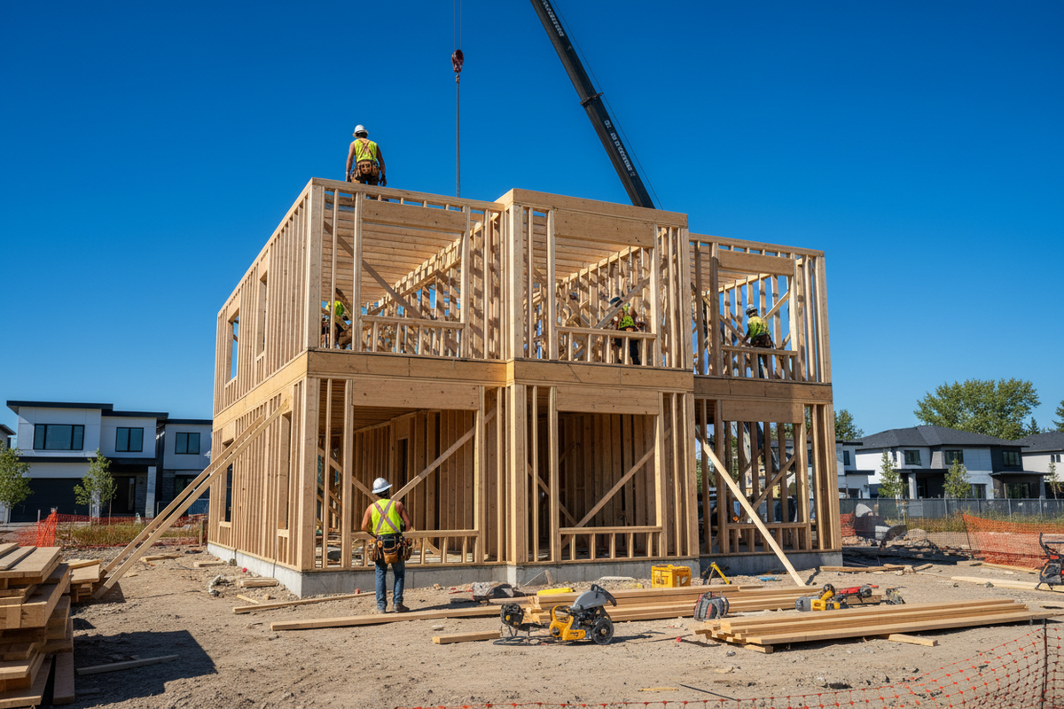 Custom new home construction with wood framing in a Canadian suburb