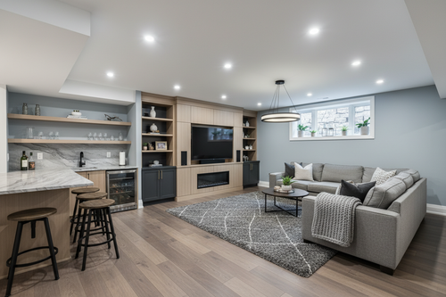 Finished basement with rec room, pot lights and luxury vinyl flooring
