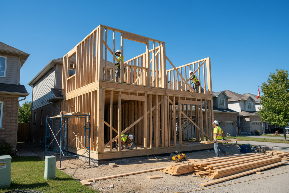 Home addition construction with wood framing in a Canadian suburb