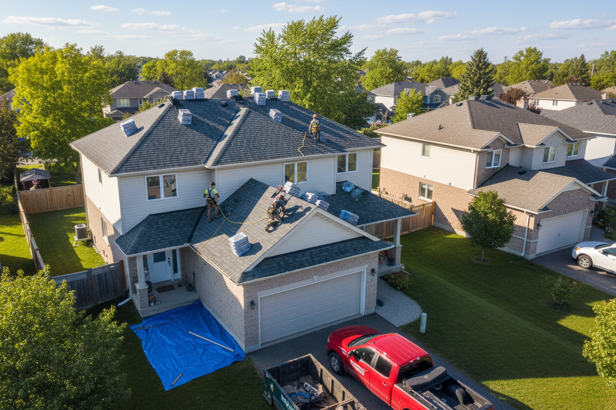 Roofing crew installing asphalt shingles on a Canadian residential home