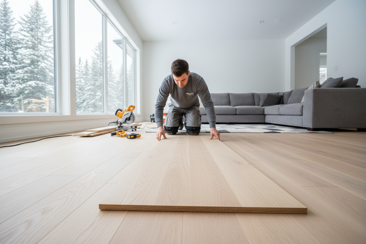 Professional hardwood flooring installation in a bright Canadian home