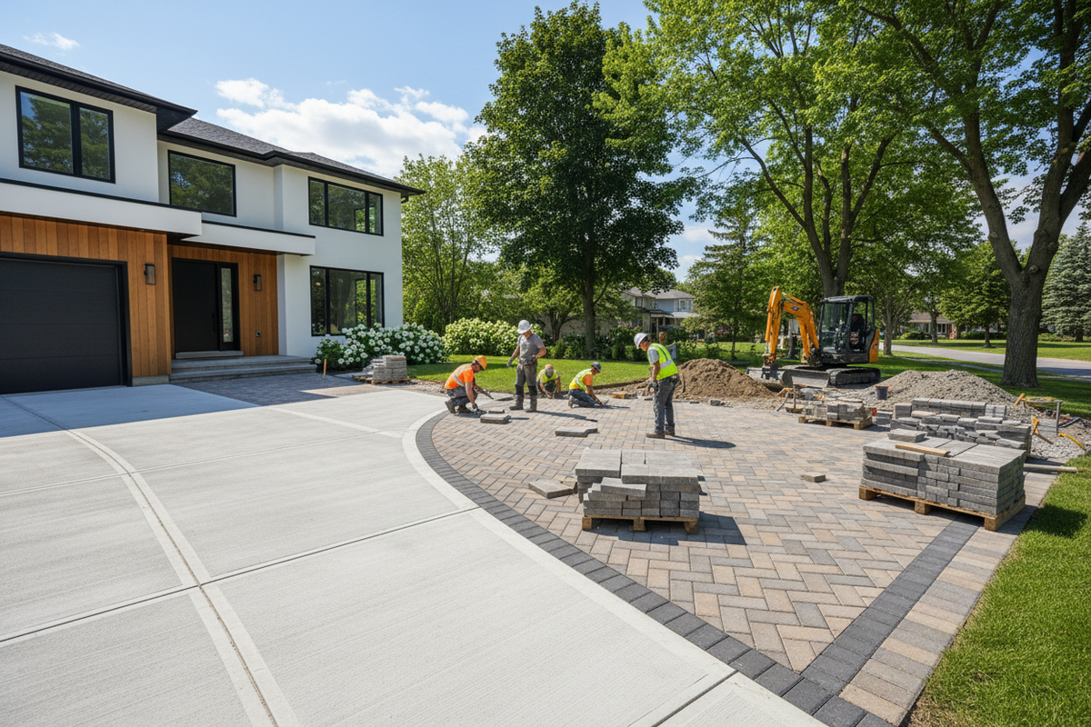 Interlocking stone driveway and patio installation at a Canadian home