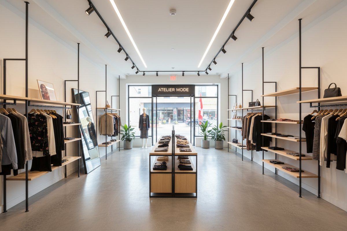 Modern retail store renovation with custom shelving and track lighting