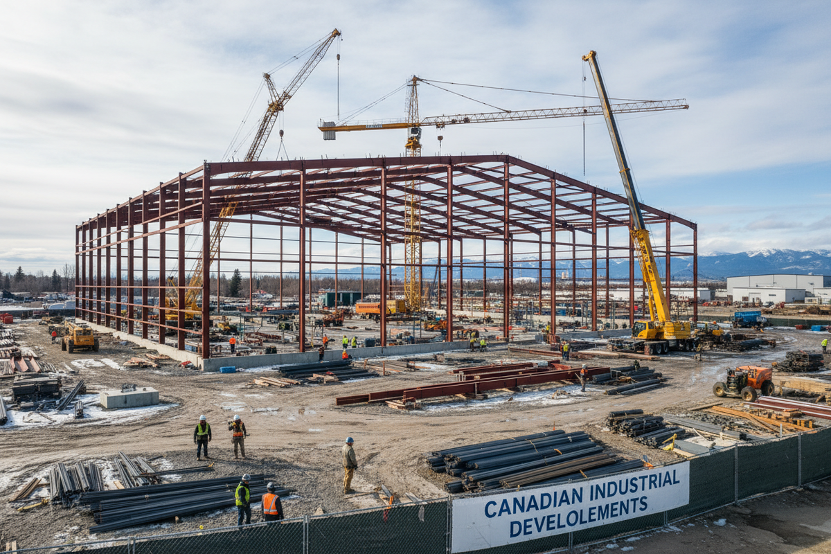 Industrial warehouse construction with steel structure in Canada